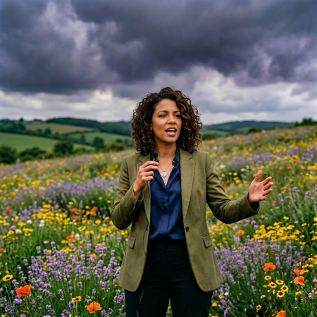 Woman giving outdoor speech with crowd and wildflowers under dark cloudy sky