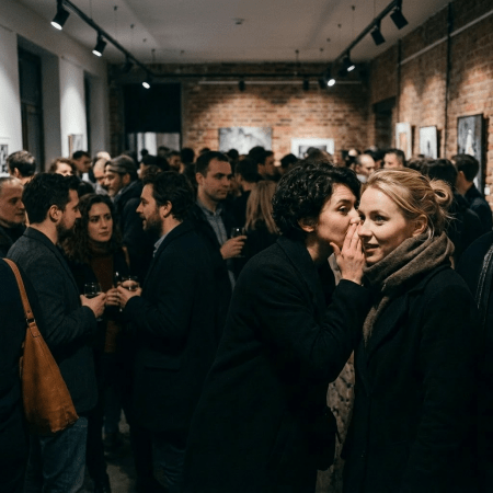 People dressed in coats socializing and whispering in an art gallery with exposed brick walls
