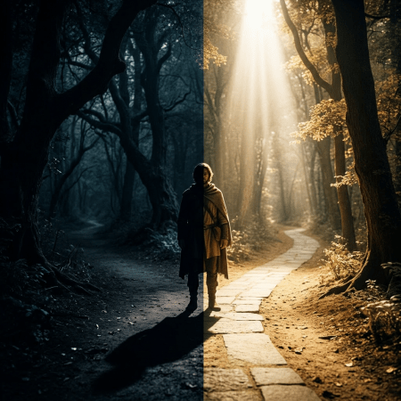 Person standing on a forest path with one side dark and the other brightly illuminated