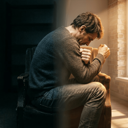 Man sitting on a chair with head bowed and clenched fists in a dark room