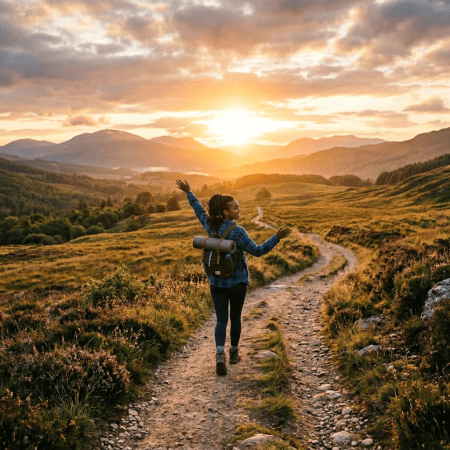 Hiker with backpack walking on a trail at sunset through green hills and mountains.